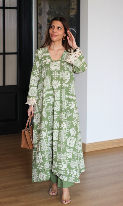 Cardomom Green Tribal Printed High Low Cotton Kurta with Pants