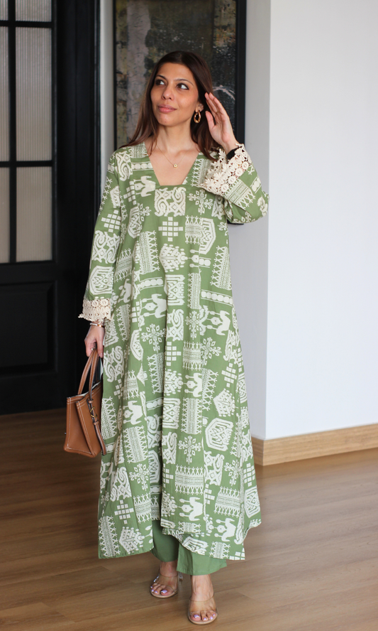 Cardomom Green Tribal Printed High Low Cotton Kurta with Pants