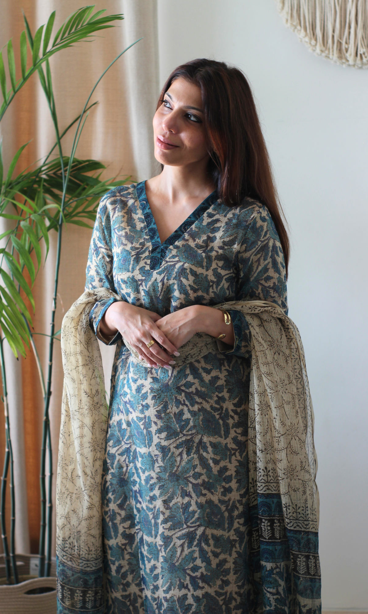 Kota Doria Kalamkari Beige & Teal Kurta and Dupatta with Cotton Pants