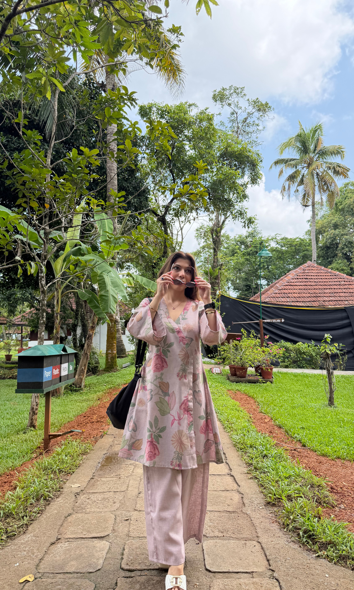 Dusty Pink Bloom Linen Blend Kimono Kurta with Linen Pants