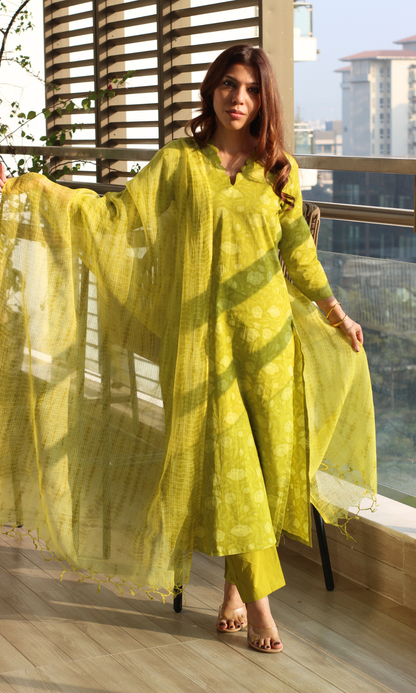 Lemon Olive Dabu Texture Cotton Kurta, Pant & Kota Doria Shibori Dupatta