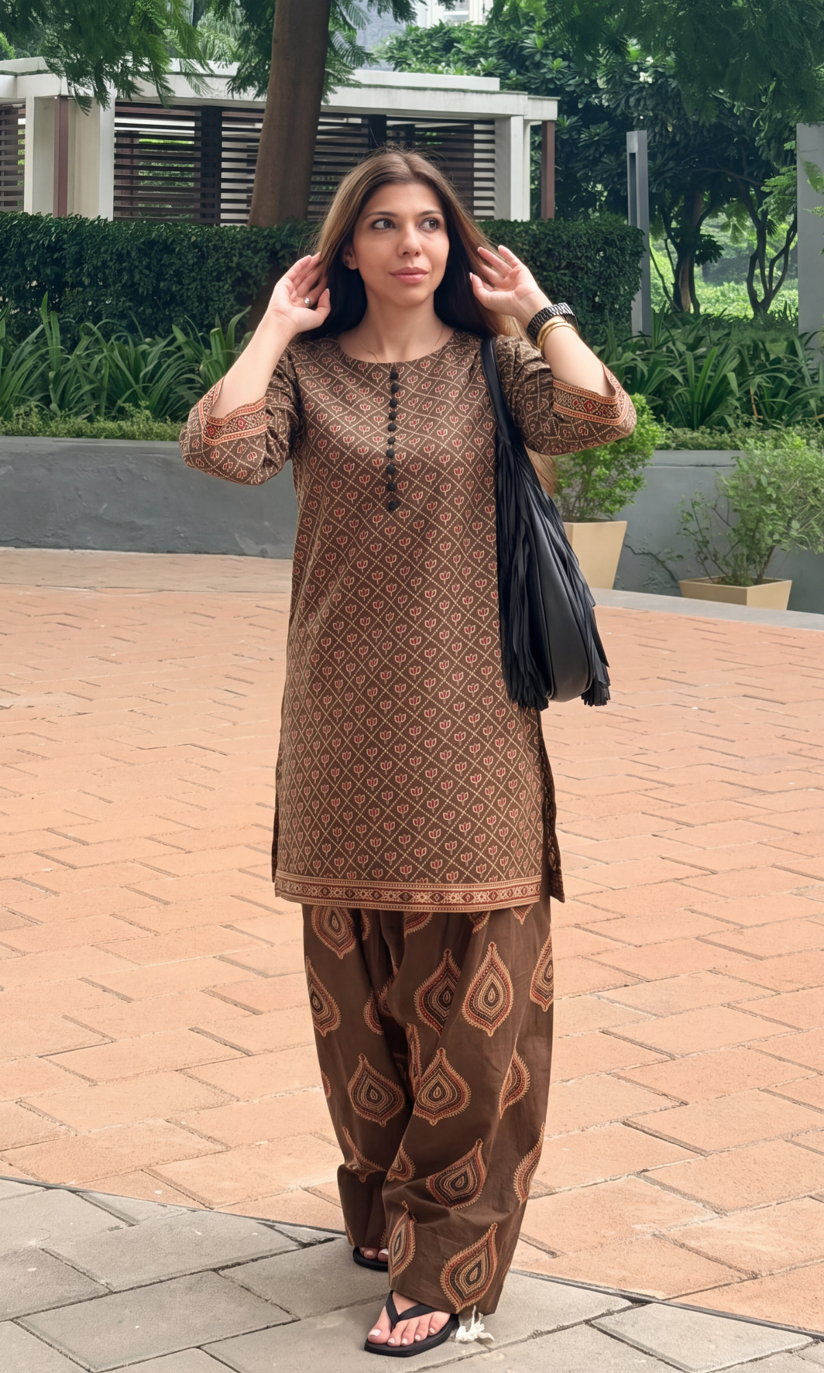 Brown Ajrakh Booti Kurta with Farshi
