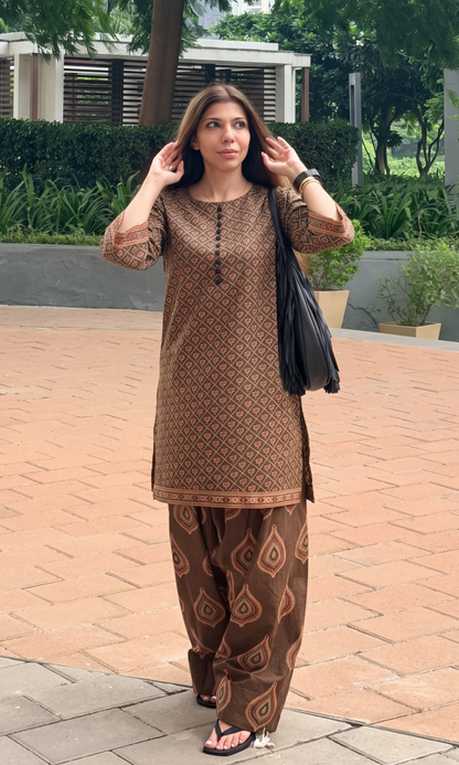 Brown Ajrakh Booti Kurta with Farshi
