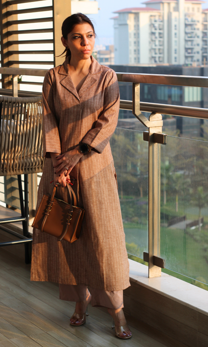 Mocha Brown Collared Striped Thread Kurta & Pant