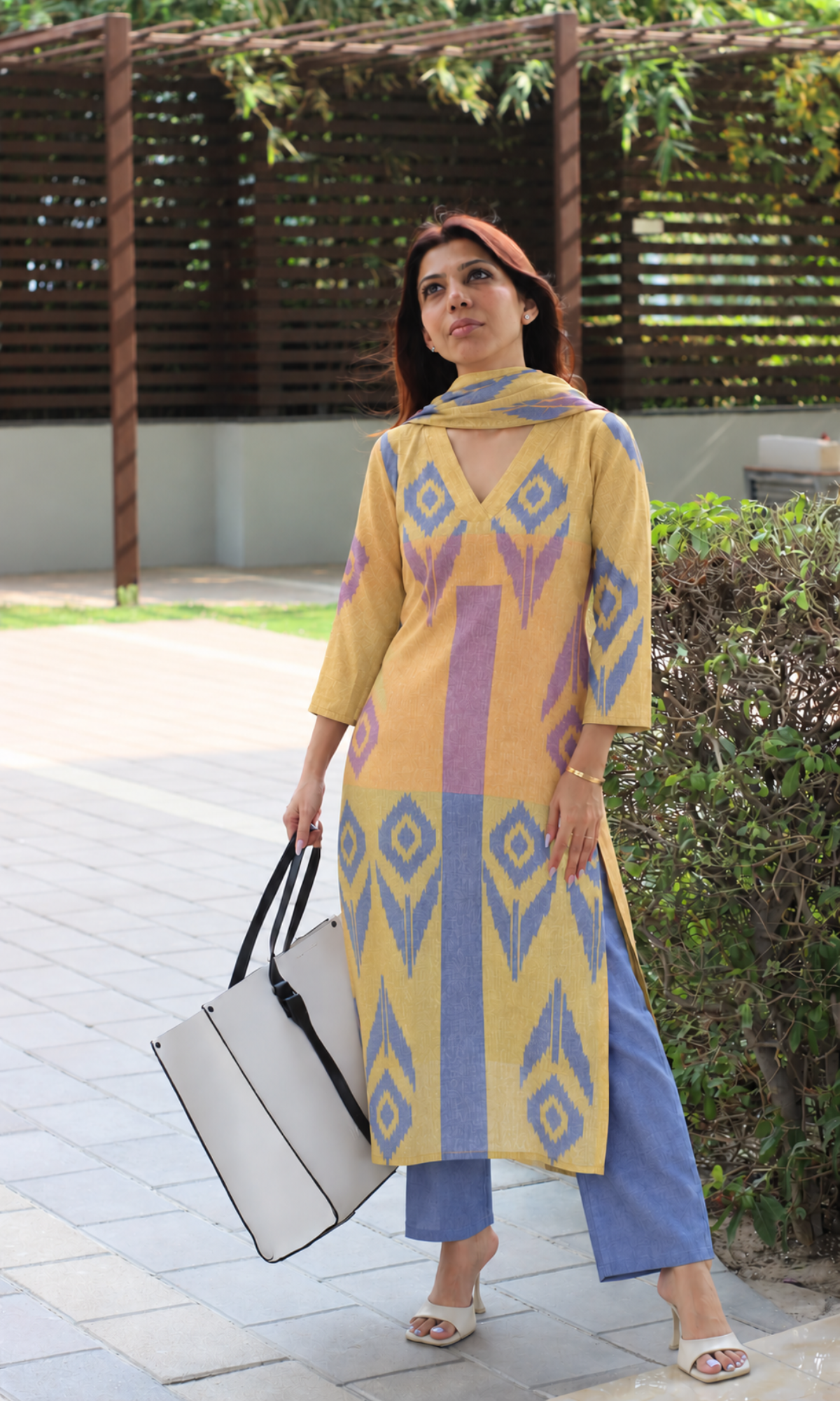 Saffron & Periwinkle Linen Blend Kurta, Dupatta & Cotton Pants