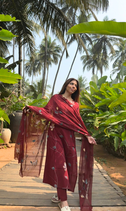 Maroon Zohra Handbrush Painted Kurta, Cotton Pants & Chiffon Handpainted Dupatta