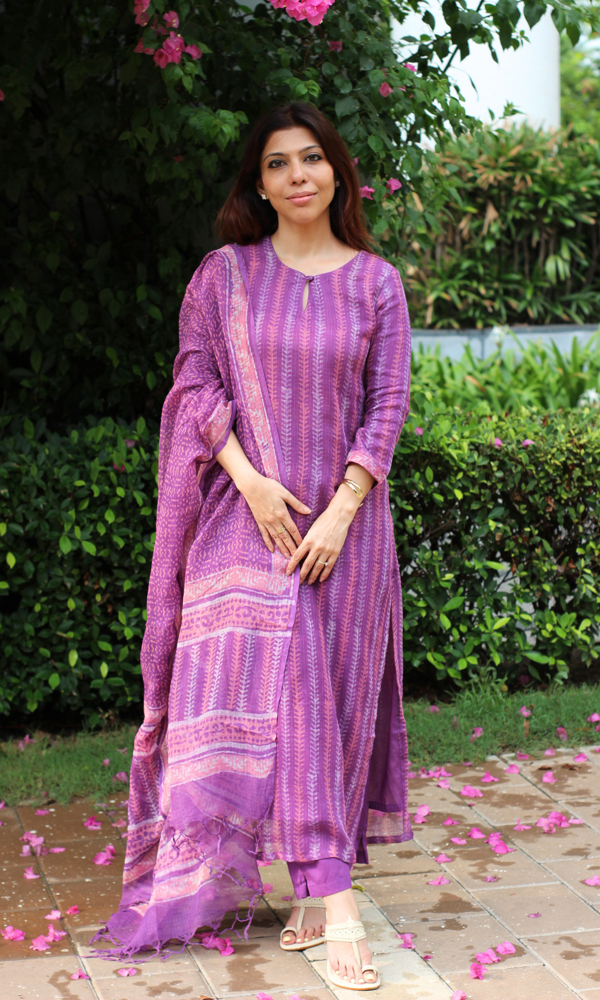 Kota Doria Plum Handblock Print Kurta, Dupatta with Cotton Pants