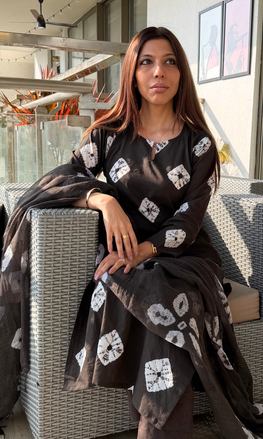 Cotton Charcoal Shibori Print Suit with Kota Dupatta