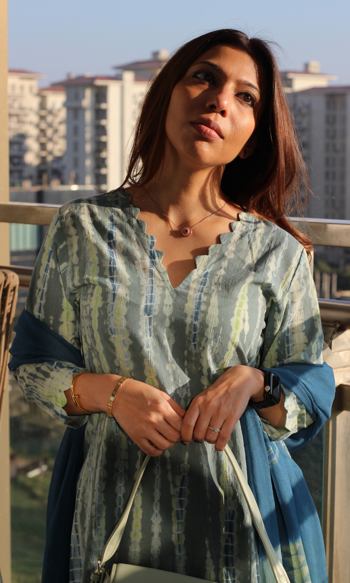 Cotton Sea Blue Green Tie & Dye Kurta, Chiffon Dupatta & Pants