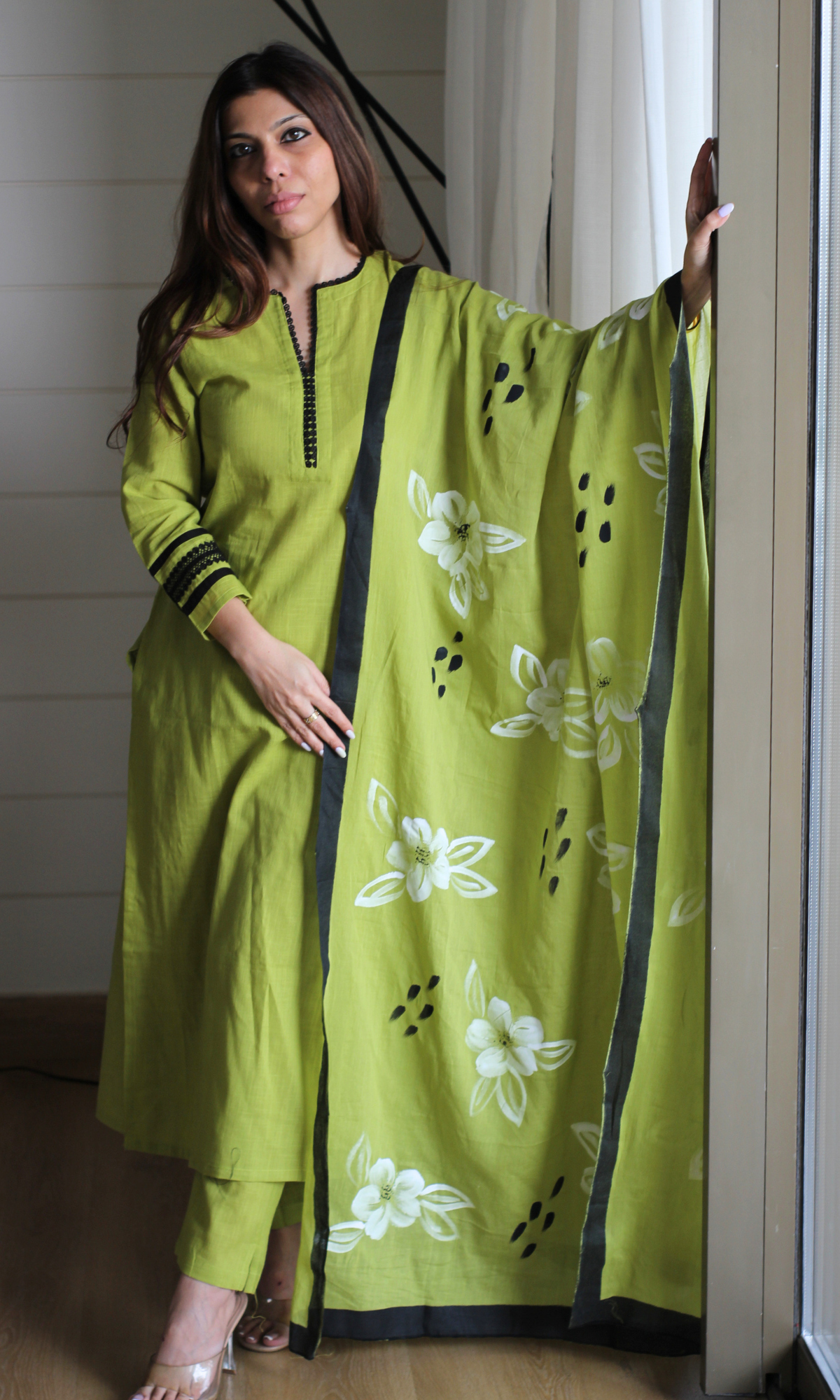 Olive Slub Black Laced Kurta, Pant & Mul Handpainted Dupatta