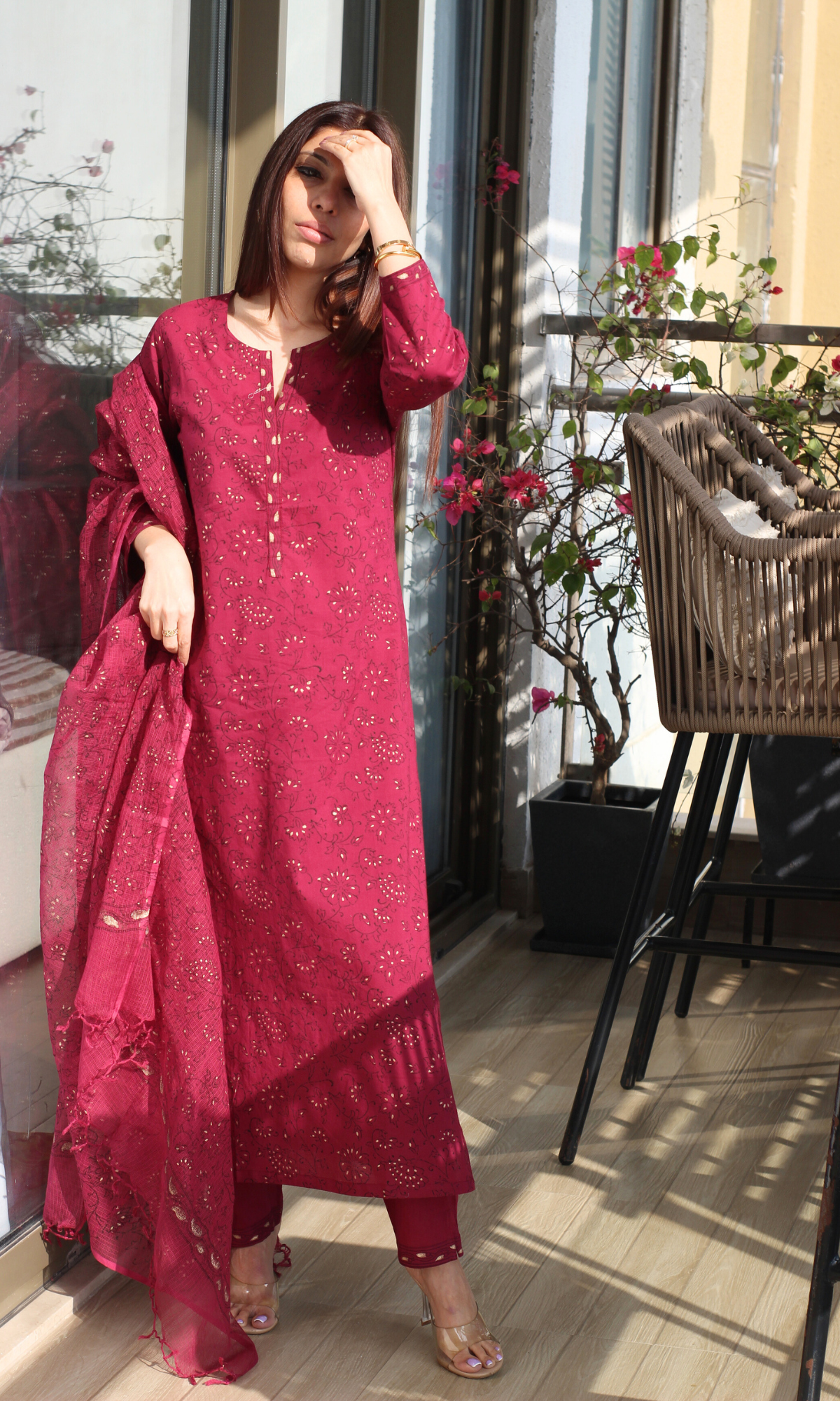 Cotton Mulberry & Gold Handblock Print Kurta , Printed Kota Doria Dupatta