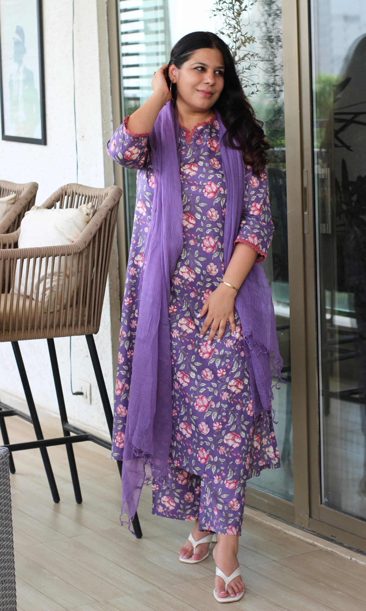 Purple Printed Laced Kurta, Pant with Kota Doria Dupatta