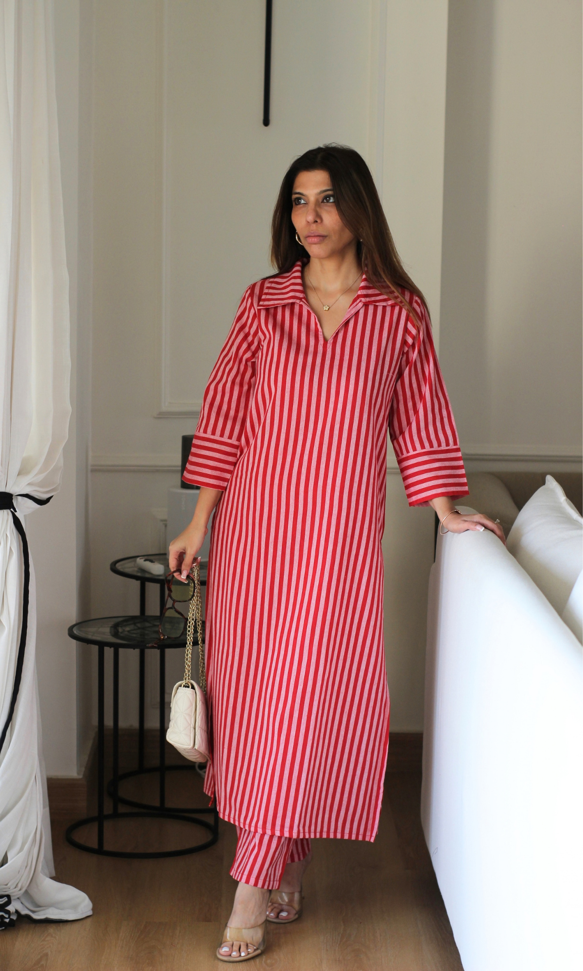Red & Pink Striped Collared Handloom Cotton Coord