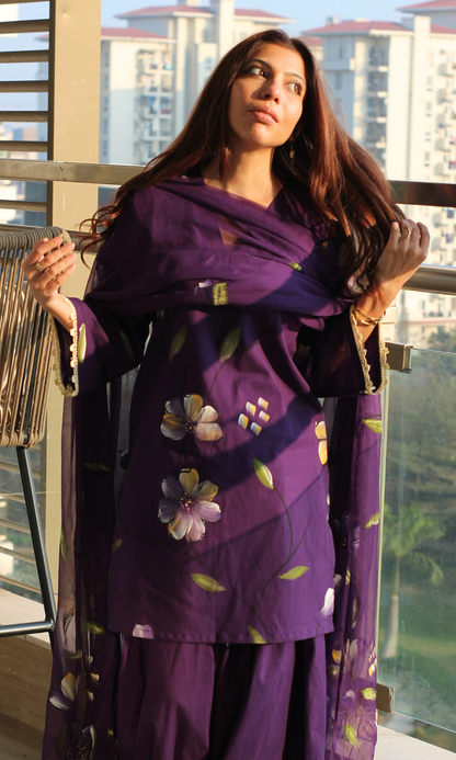 Luxe Purple Handbrush Painted Kurta, Farshi Salwaar & Chiffon Handpainted Dupatta