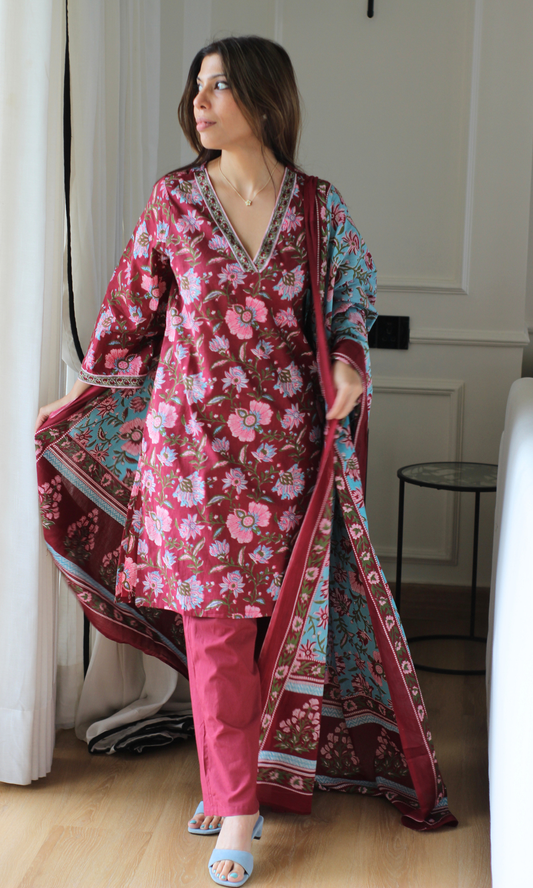 Albeli Cotton Block Printed Kurta , Dupatta & Cotton Pants