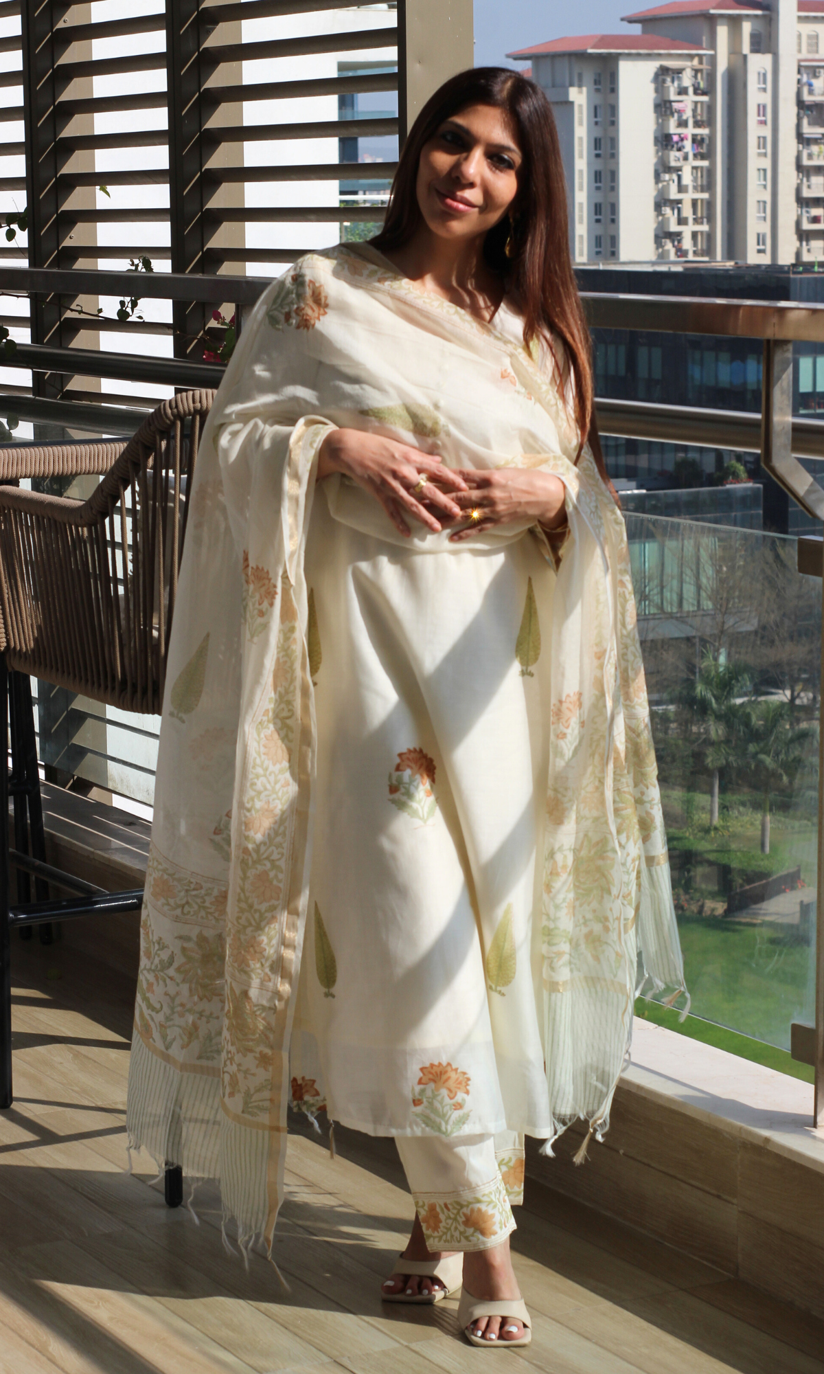 Saanjh Chanderi Silk Handblock Printed Kurta , Dupatta & Cotton Pants