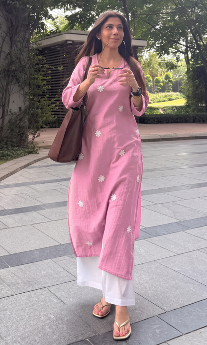 Pink Flower Embroidered Kurta