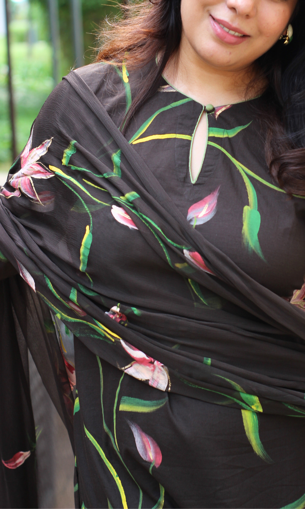 Chocolate Brown Handbrush Painted Kurta, Cotton Pants & Chiffon Handpainted Dupatta