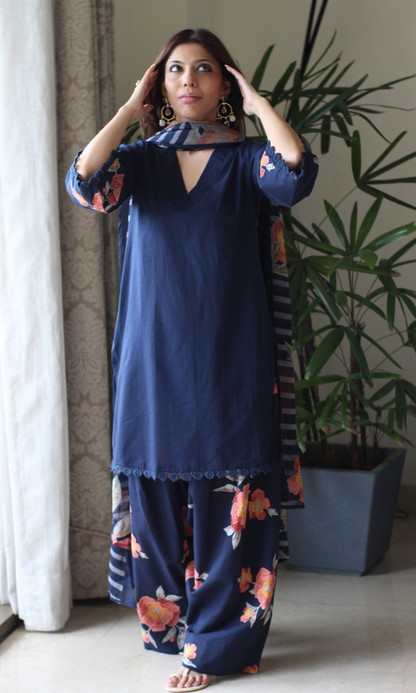 Navy Blue Gulzar Kurta with Farshi Salwar & Cotton Dupatta