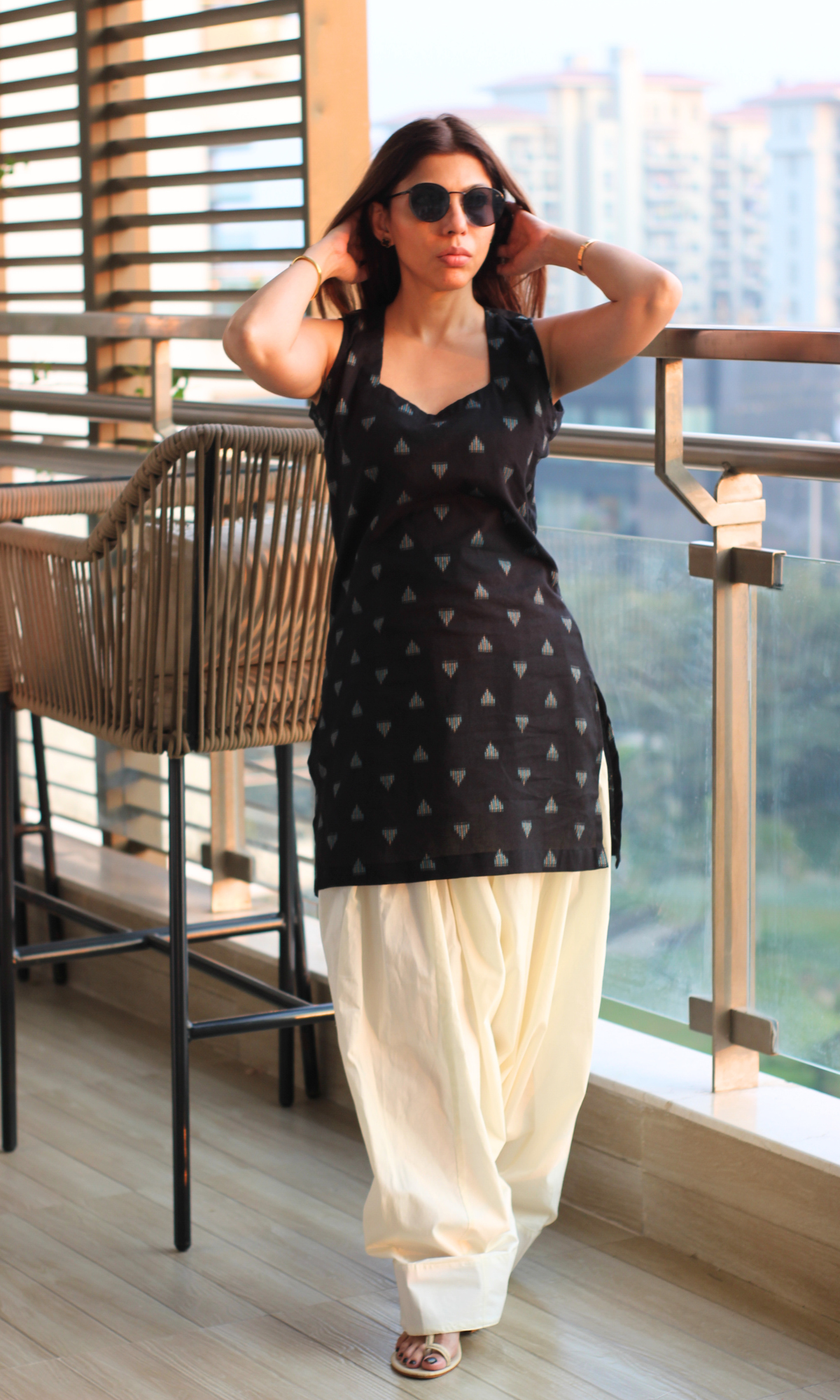 Black Square Neck Ikat Kurta with Cotton Farshi