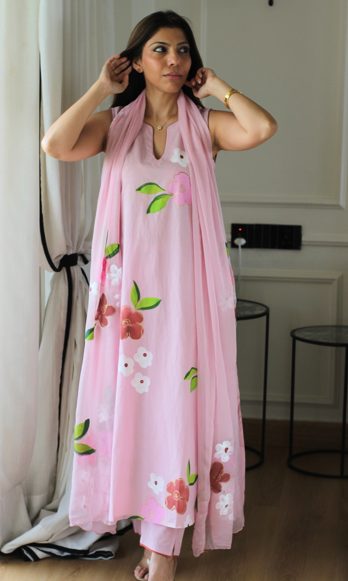 Daphne Pink Handbrush Painted A cut Sleeveless Kurta, Chiffon Dupatta & Cotton Pants