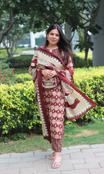 Cotton Maroon Ajrakh Print Suit with Mul Printed Dupatta