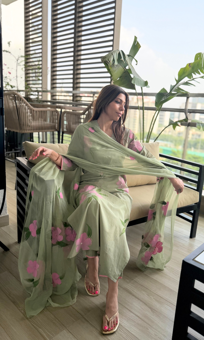 Sage & Pink Cotton Handpainted Kurta, Pant & Chiffon Handpainted Dupatta