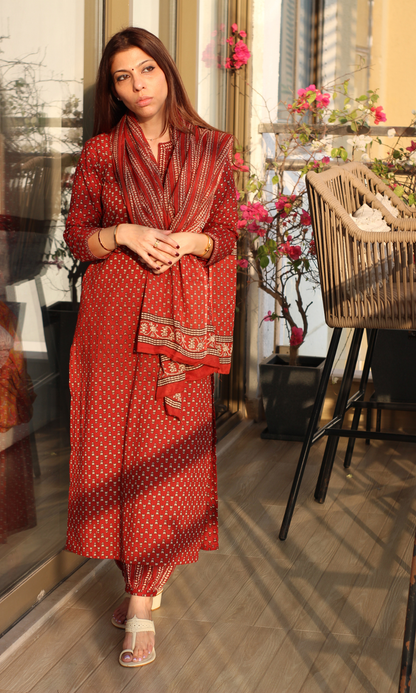 Mitti Lal Boota Ajrakh Print Kurta , Afgani Salwaar & Cotton Printed Dupatta