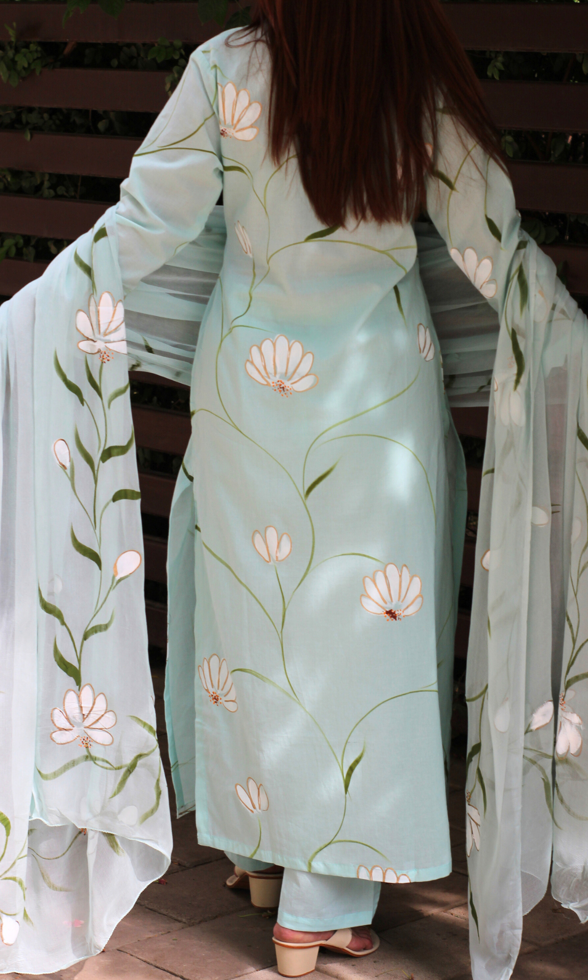 Dew Mint Handbrush Painted Kurta, Pant & Chiffon Handpainted Dupatta