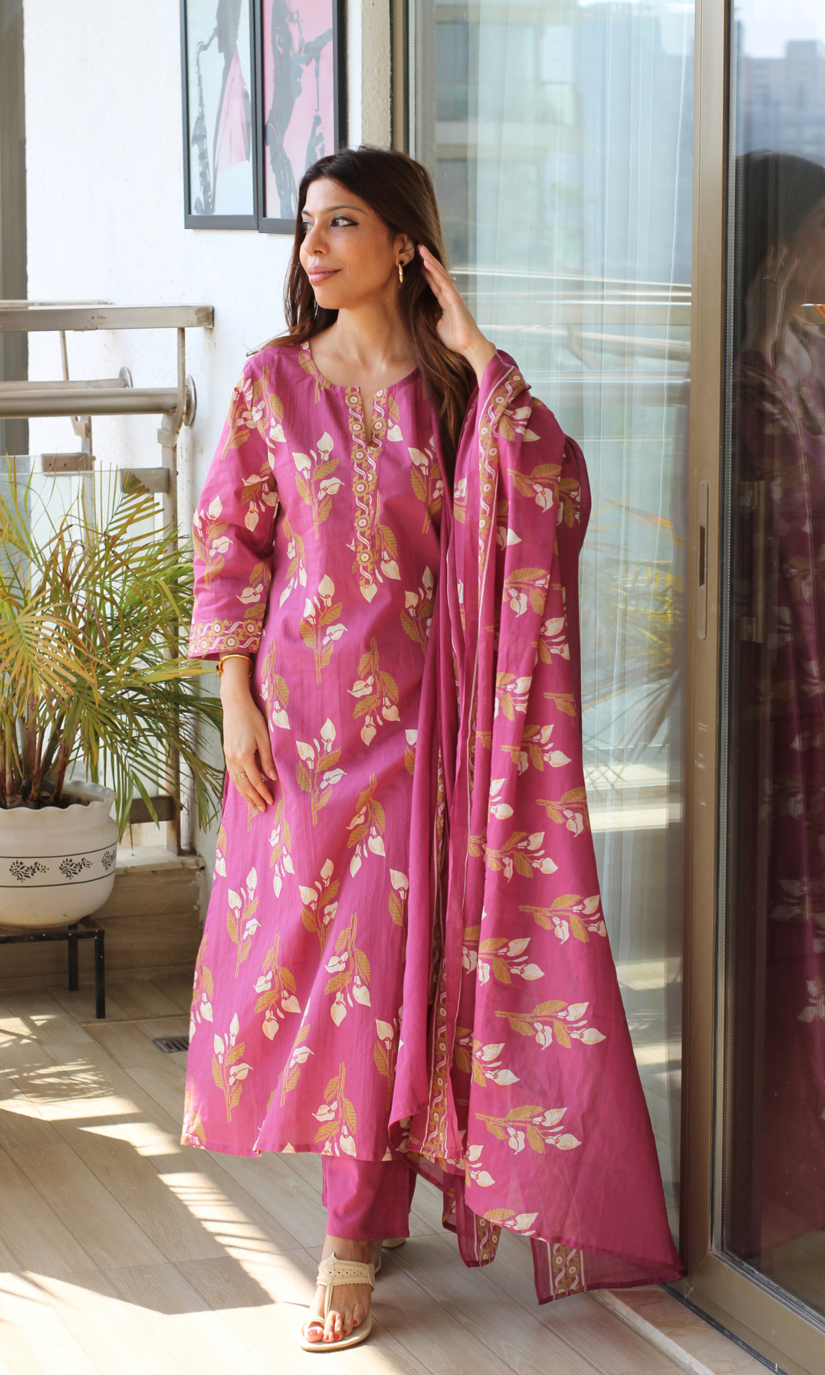 Soft Rose Petal Print Kurta, Mul Dupatta & Cotton Pants