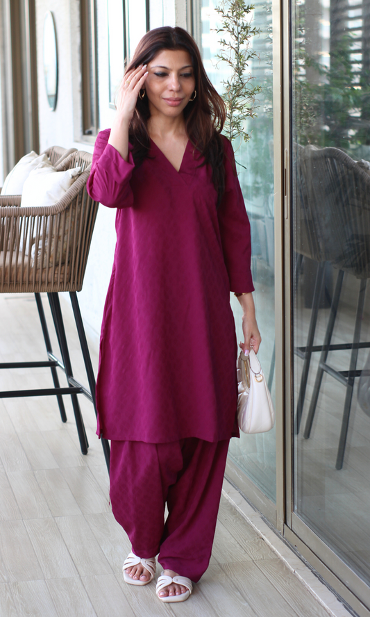 Wine Textured Kurta with Farshi Salwaar