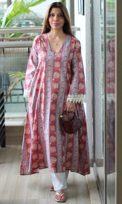 Laila Printed Cotton Kali Kurta with Pants
