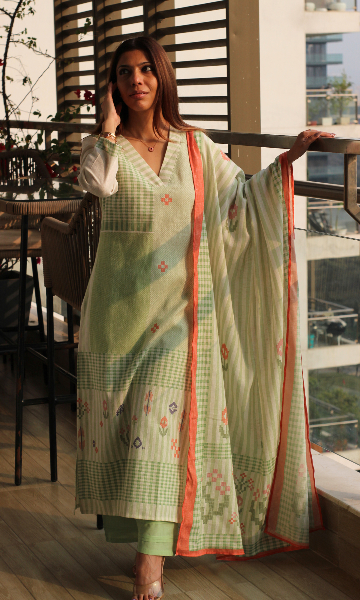 Linen Blend Sage Sukoon Printed Kurta, Dupatta & Cotton Pants