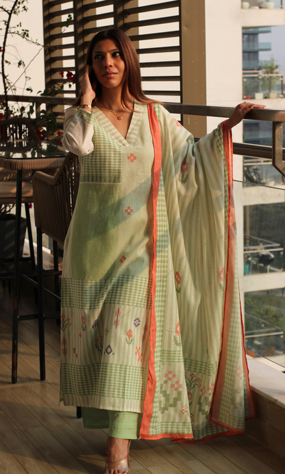 Linen Blend Sage Sukoon Printed Kurta, Dupatta & Cotton Pants