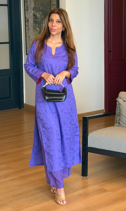 Purple Jaquard Silk Kurta with Santoon Pants