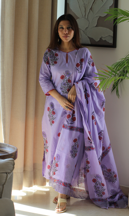 Lavender & Red Handblock Mughal Print Cotton Kurta, Dupatta & Cotton Pants