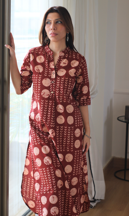 Earthy Red Dabu Print Kurta with Pleated Pants
