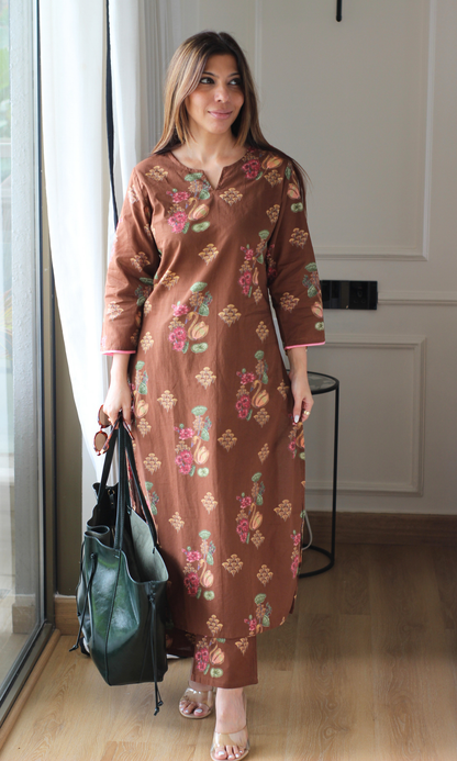 Brown floral Mughal Print Kurta and Pants