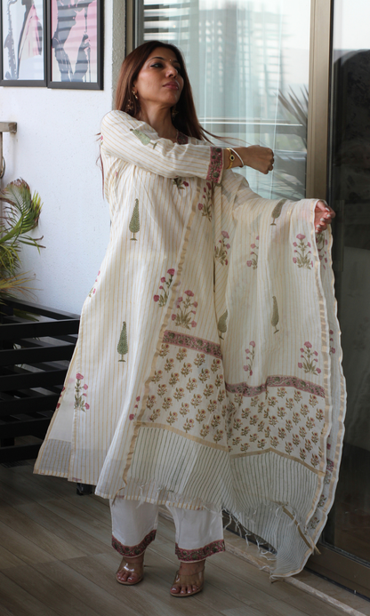 Tamanna Chanderi Silk Handblock Printed Kurta , Dupatta & Cotton Pants