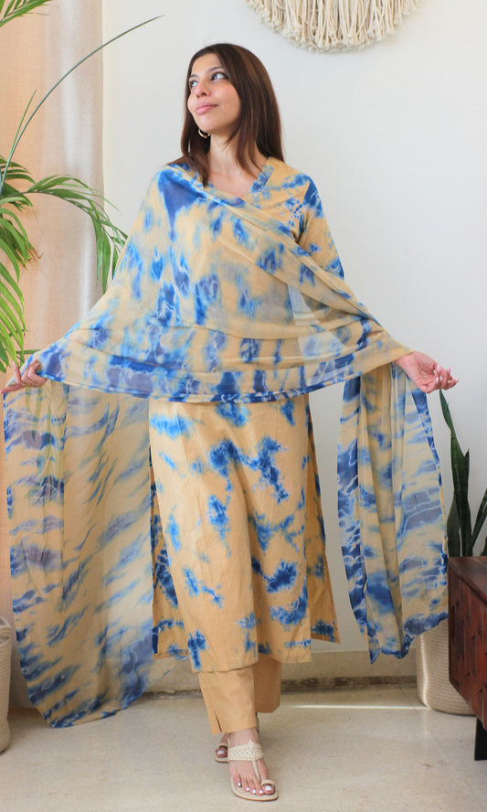 Cotton Amber Indigo African Shibori Kurta, Chiffon Dupatta & Cotton Pants