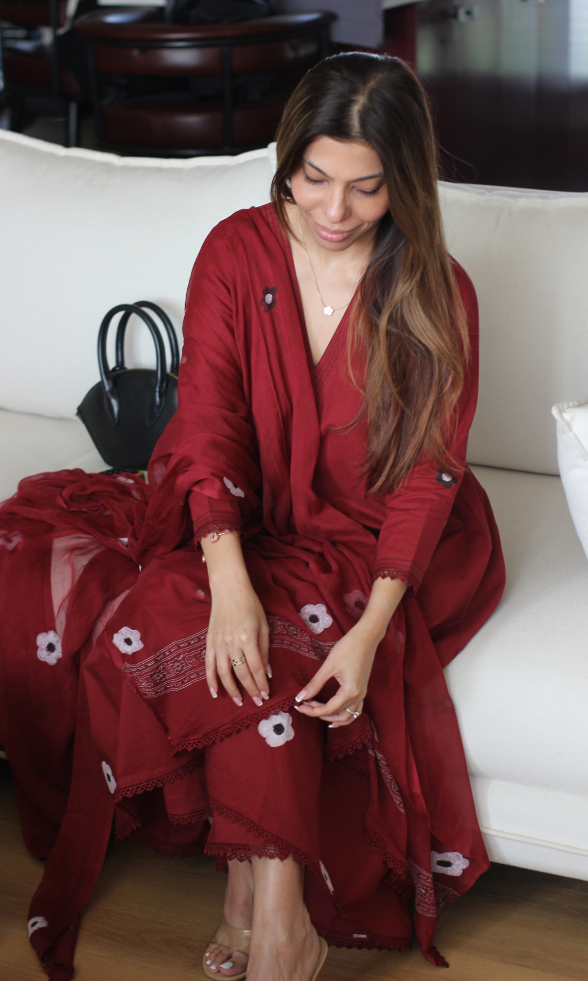 Florence Ruby A line Kurta with lace , Cotton Pants & Chiffon handpainted dupatta