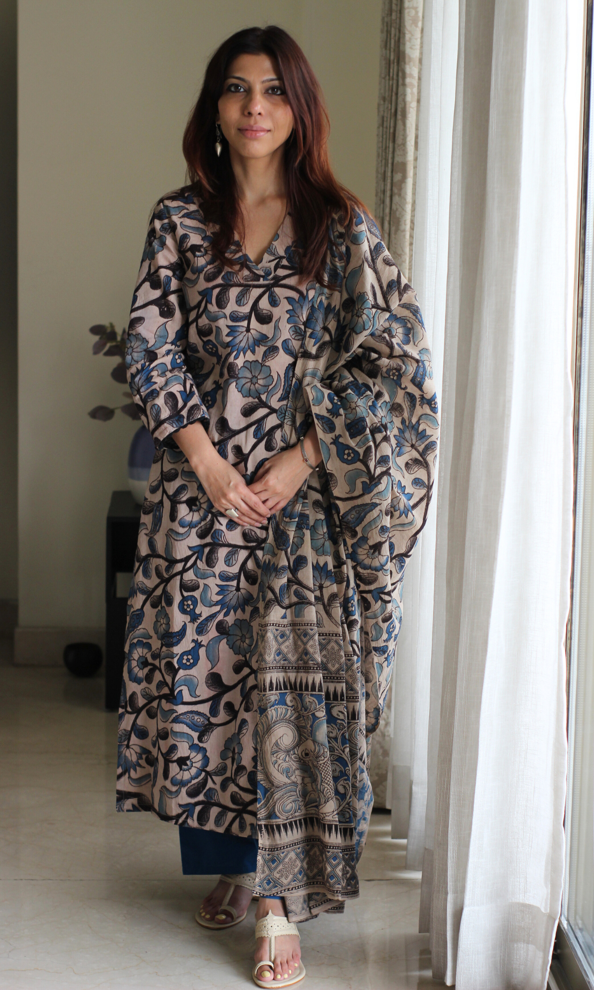 Noor Blue Handblock Kalamkari Kurta, Dupatta & Cotton Pants