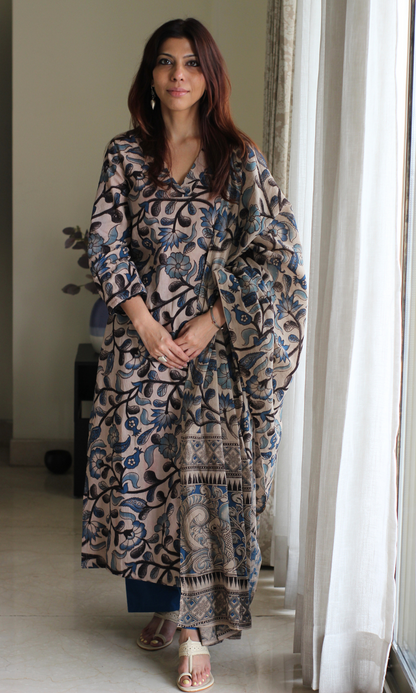Noor Blue Handblock Kalamkari Kurta, Dupatta & Cotton Pants
