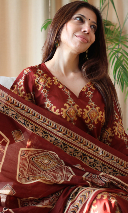 Cotton Red & Yellow Ajrakh Print Kurta, Pant & Printed dupatta