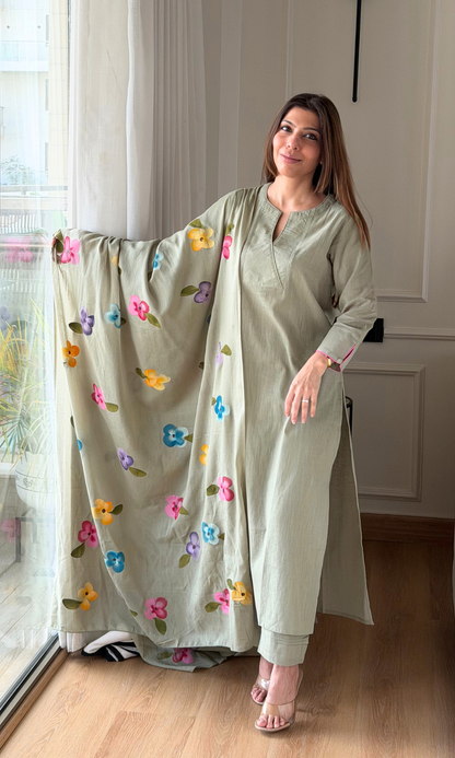 Soft Olive Garden Slub Kurta, Pant with Cotton Handbrush Painted Dupatta