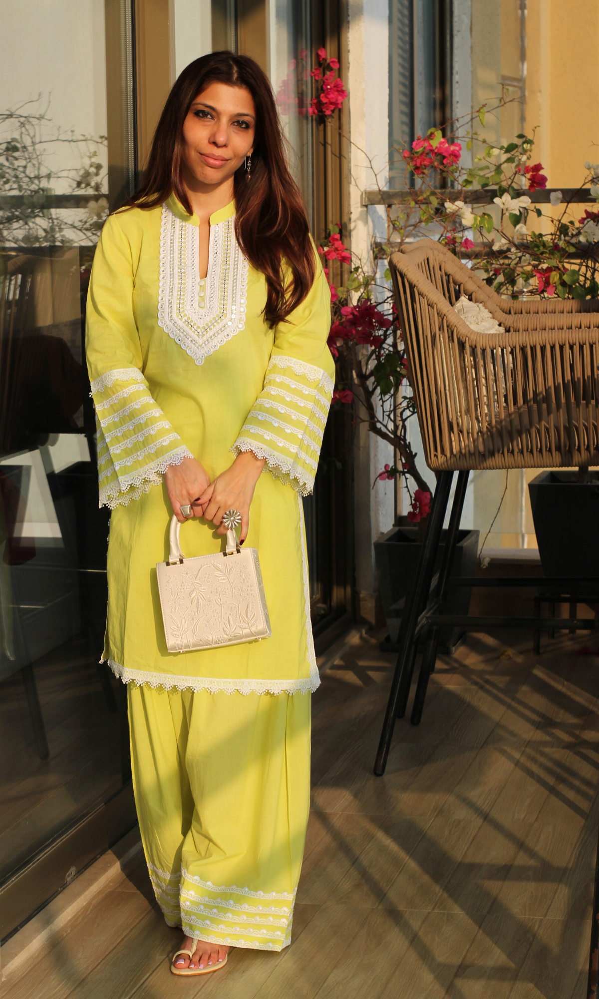 Lime Afreen Thread Lace Work Cotton Kurta & Farshi Salwaar