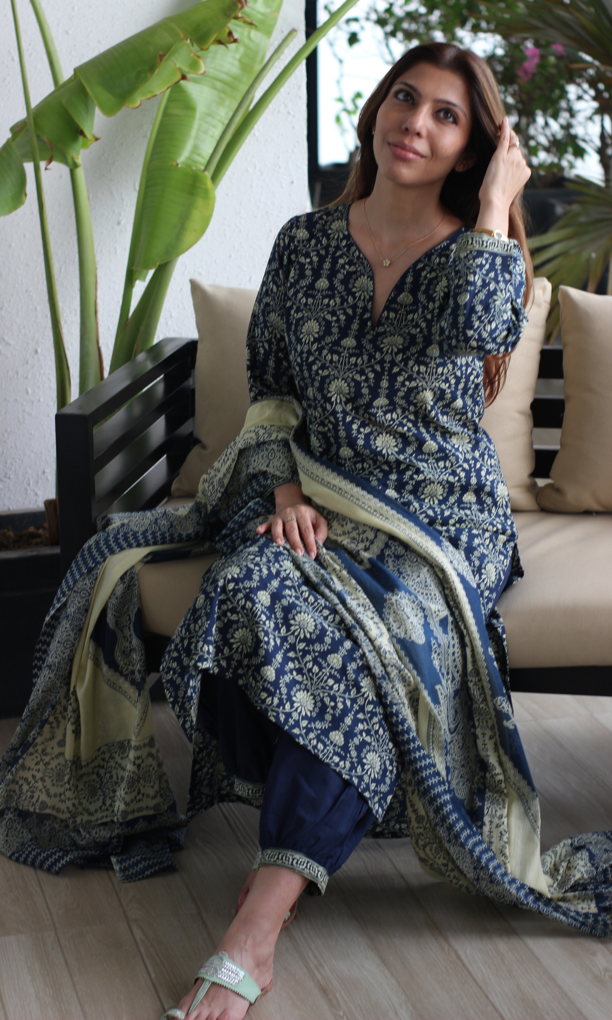 Deep Blue Cotton Jall Print Kurta, Afghani pant & Cotton Printed Dupatta