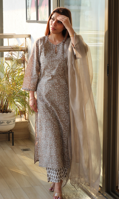 Cotton Kashish Block Printed Kurta, Pant & Kota Doria Dupatta