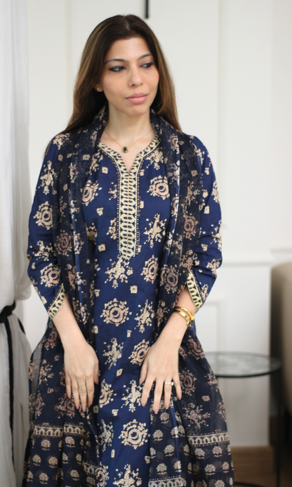 Neelofar Block Print Kurta, Pant & Kota Doria Printed Dupatta
