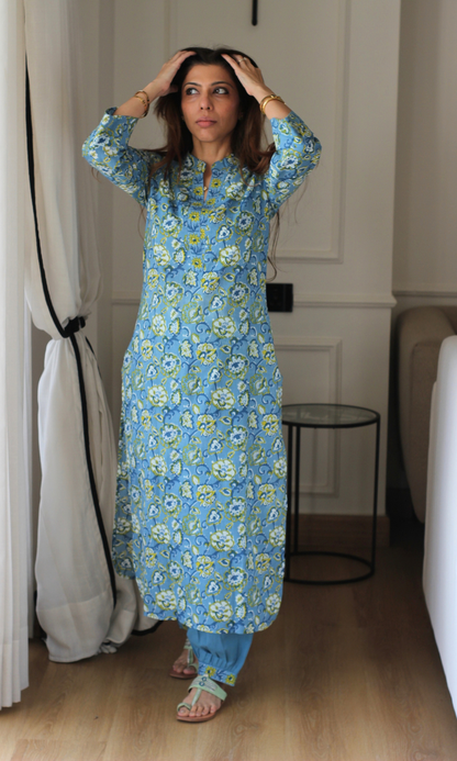 Sky Blue Cotton Floral Block Print Kurta & Pleated Pants